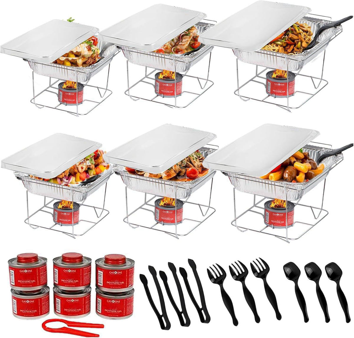 Alpha Living 6 Pack - Disposable Chafing Dish Buffet Set, Half Size Pans, Welded Body Food Warmers for Parties, Fuel Can