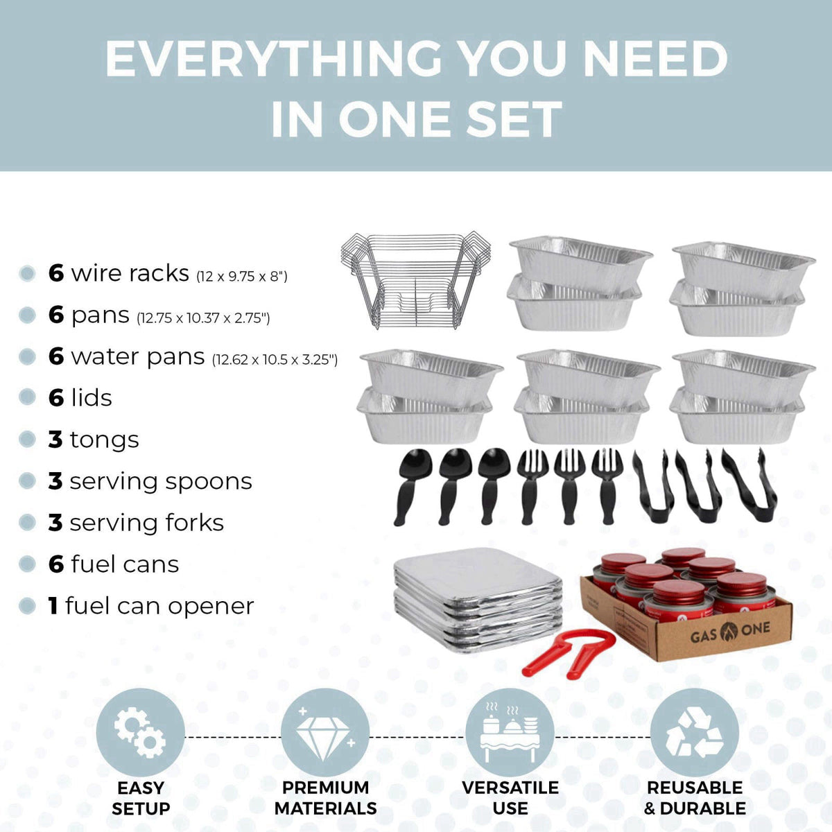Alpha Living 6 Pack - Disposable Chafing Dish Buffet Set, Half Size Pans, Welded Body Food Warmers for Parties, Fuel Can