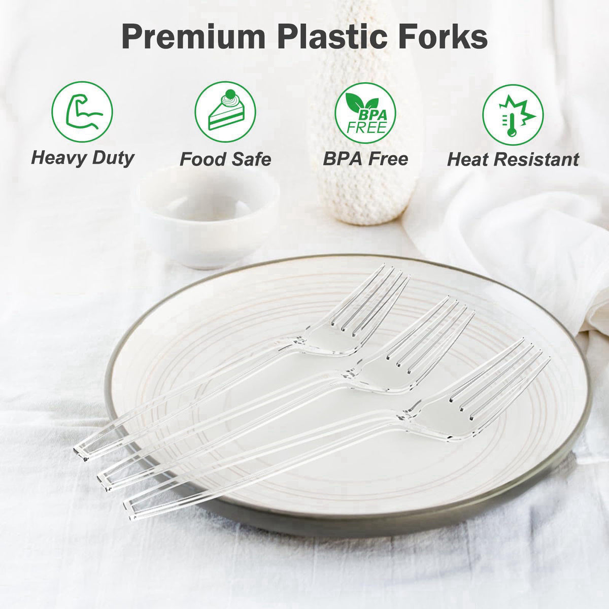 Dealusy 360 Count Extra Heavy Duty Clear Plastic Forks Disposable – packaging and label