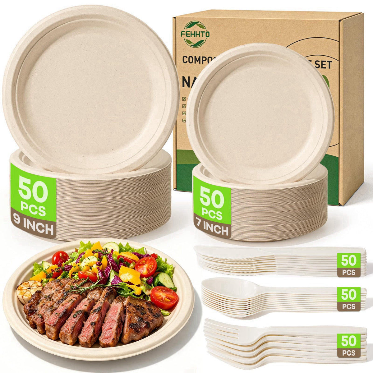 FEHHTO Compostable Paper Plates Set, 250PCS Disposable Heavy-Duty Sugarcane Plate – Brown White Brown Brown White White,