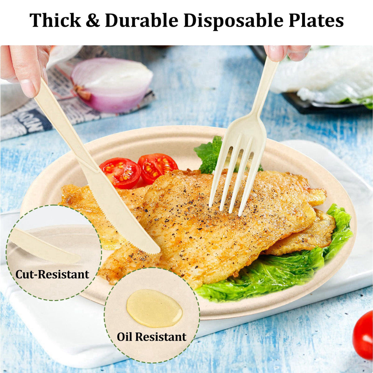 FEHHTO Compostable Paper Plates Set, 250PCS Disposable Heavy-Duty Sugarcane Plate – back view and specifications