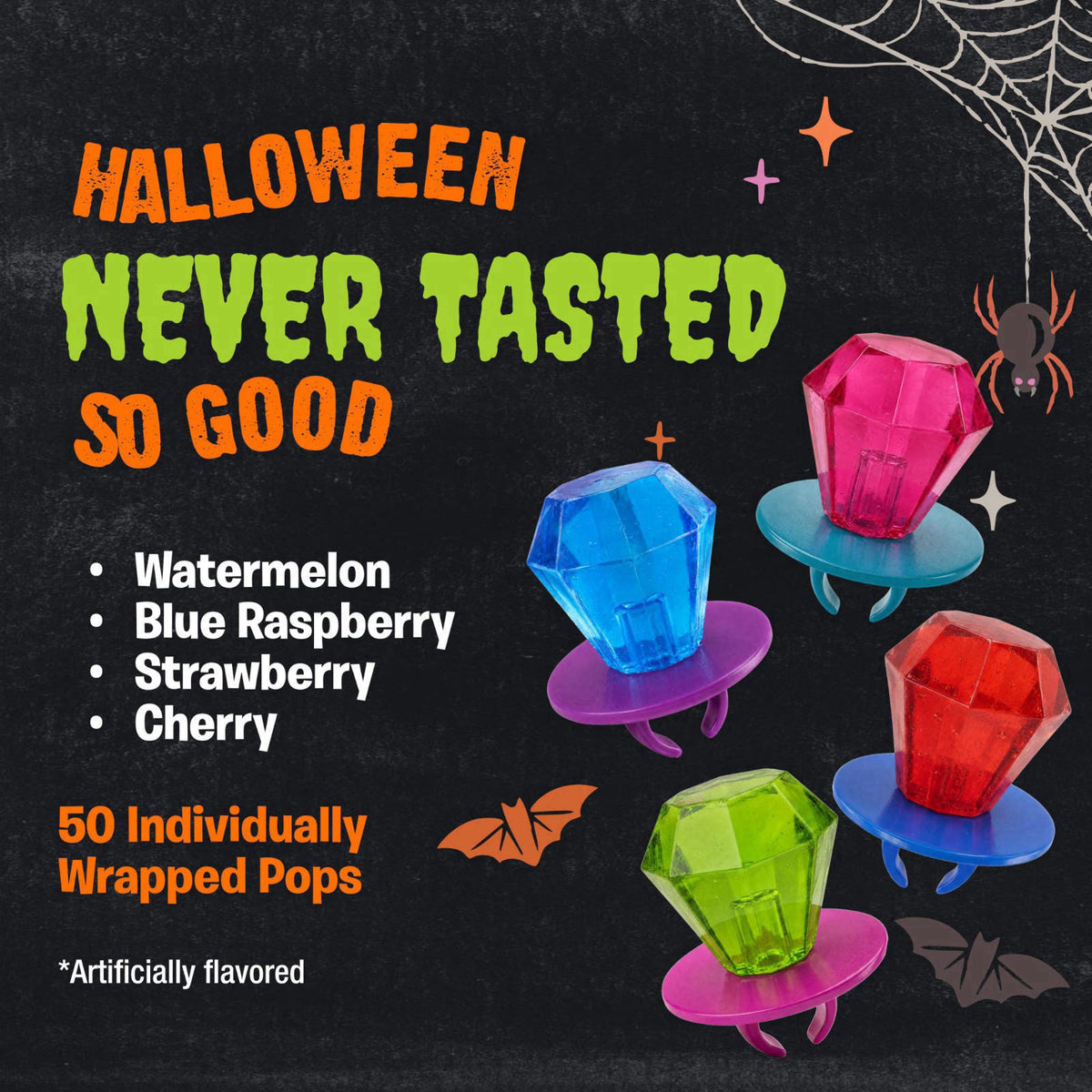 Ring Pop Halloween Candy Lollipops, 50 Count, Bulk Assorted Party Favors – packaging and label