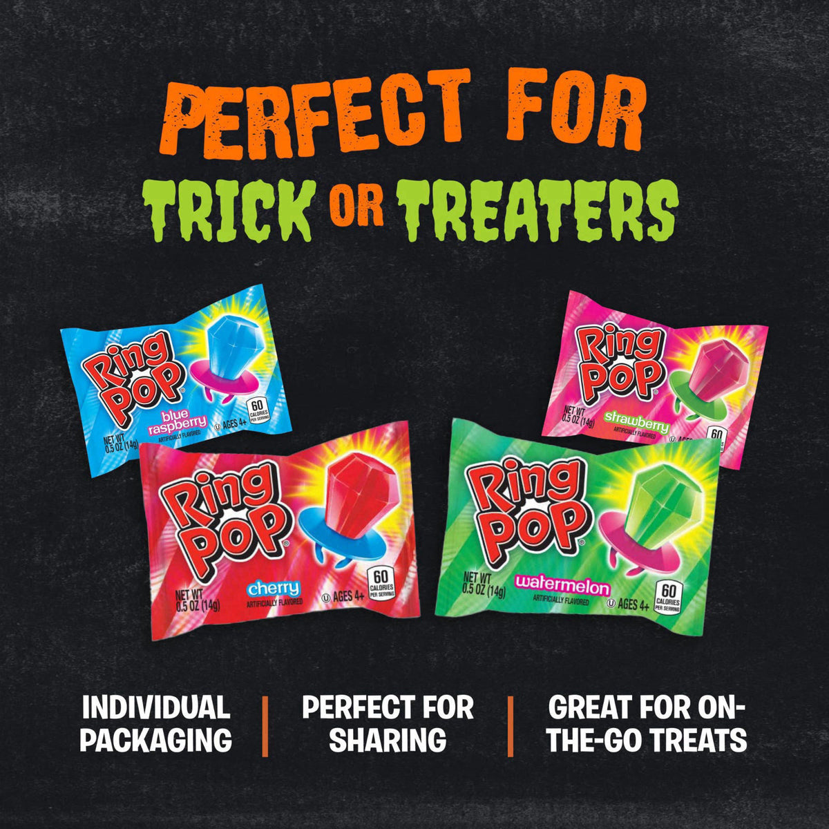 Ring Pop Halloween Candy Lollipops, 50 Count, Bulk Assorted Party Favors – back view and specifications