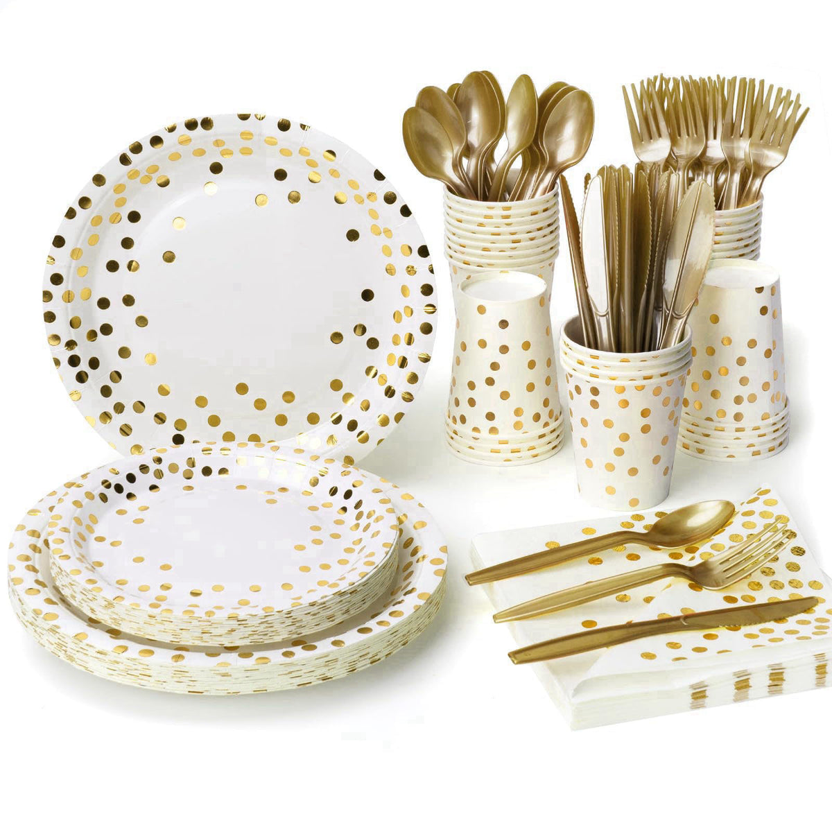 Lzerking Party Supplies Set - 210 Pieces of White and Gold Dot Paper Plates – product photo (Plates)