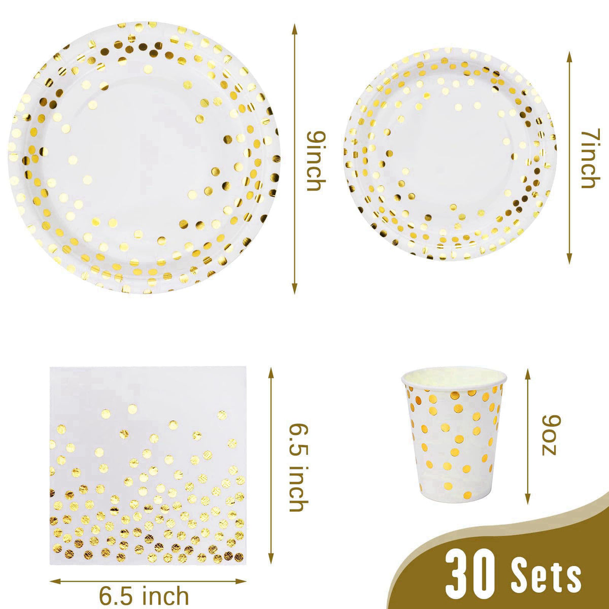 Lzerking Party Supplies Set - 210 Pieces of White and Gold Dot Paper Plates – close-up detail in Gold Dot-210 pieces