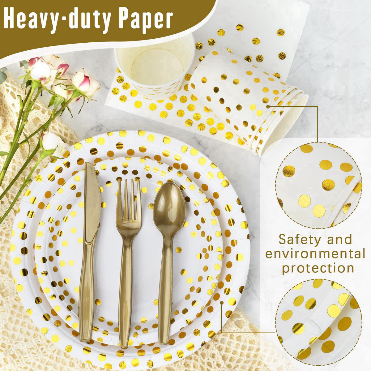Lzerking Party Supplies Set - 210 Pieces of White and Gold Dot Paper Plates – full view