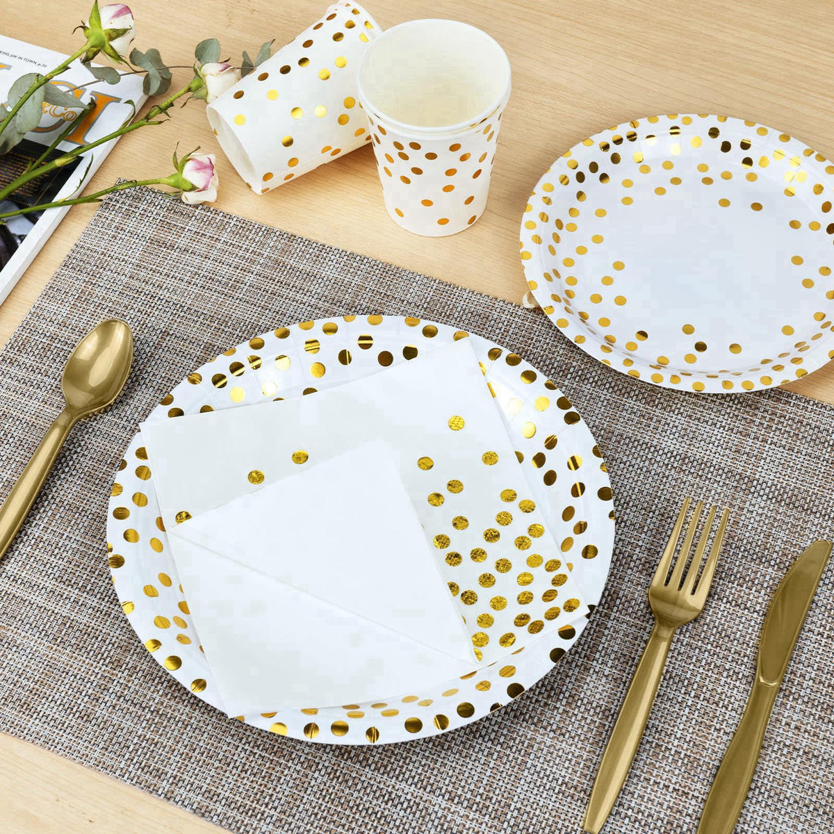 Lzerking Party Supplies Set - 210 Pieces of White and Gold Dot Paper Plates – back view and specifications