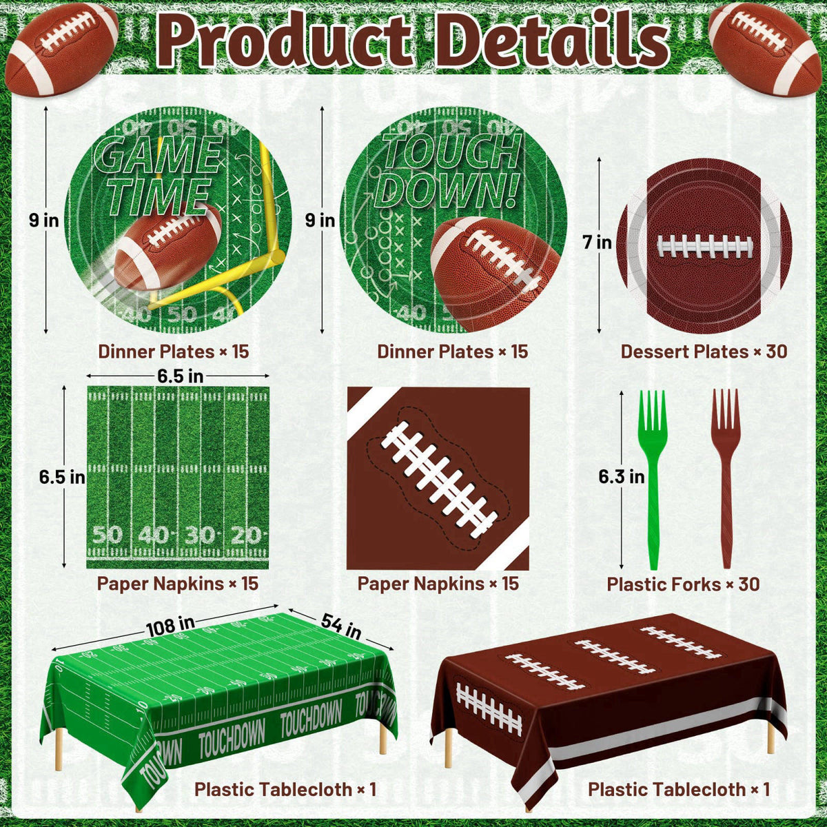 QZYL 122 Pcs Football Plates and Napkins Serves 30 Guests Football Table Cloth – close-up detail in Football