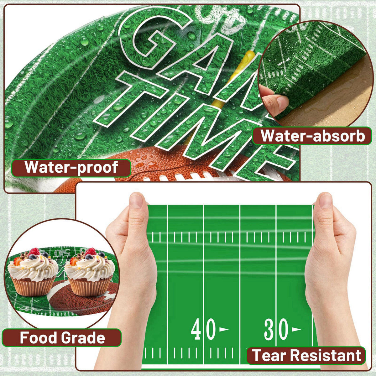 QZYL 122 Pcs Football Plates and Napkins Serves 30 Guests Football Table Cloth – packaging and label