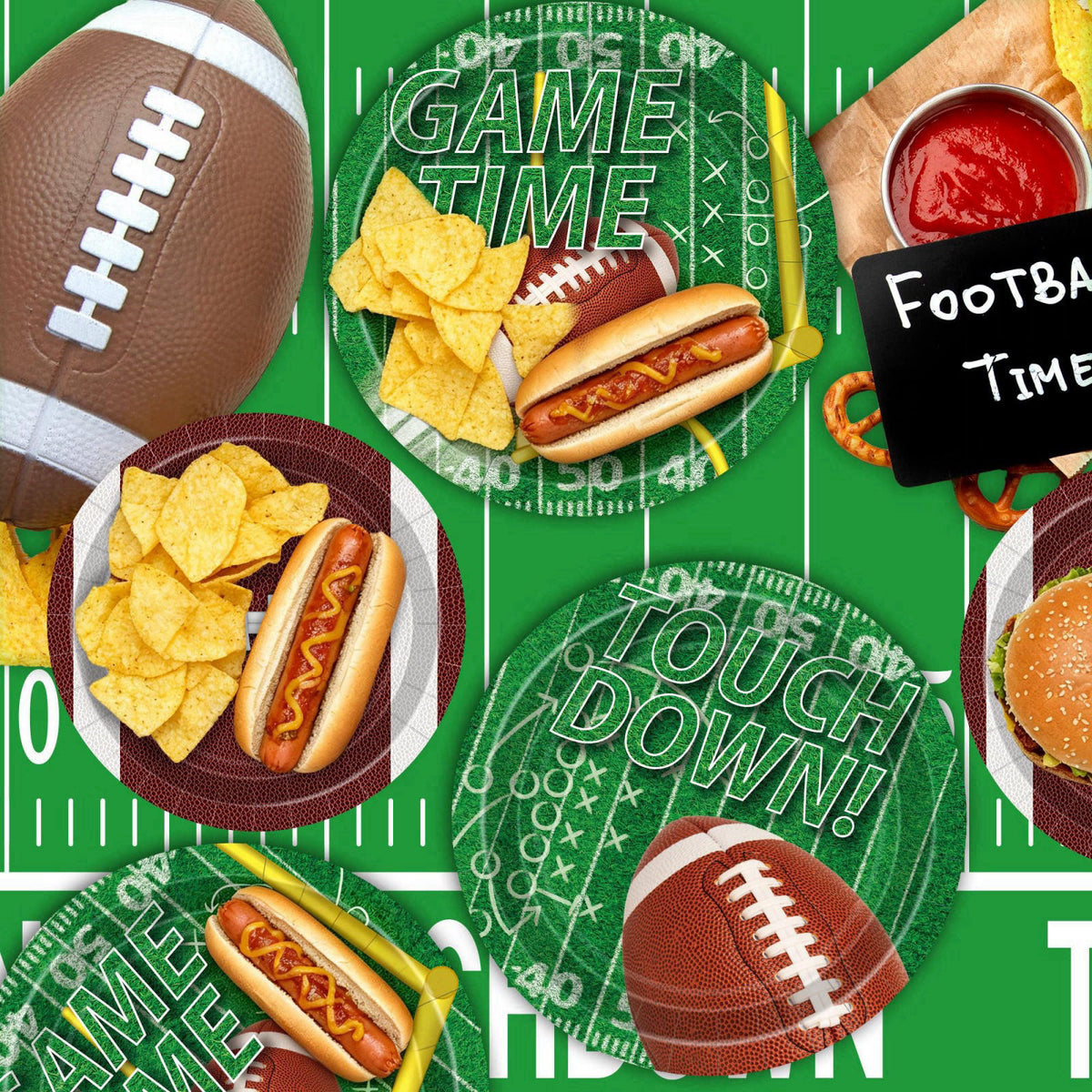 QZYL 122 Pcs Football Plates and Napkins Serves 30 Guests Football Table Cloth – full view