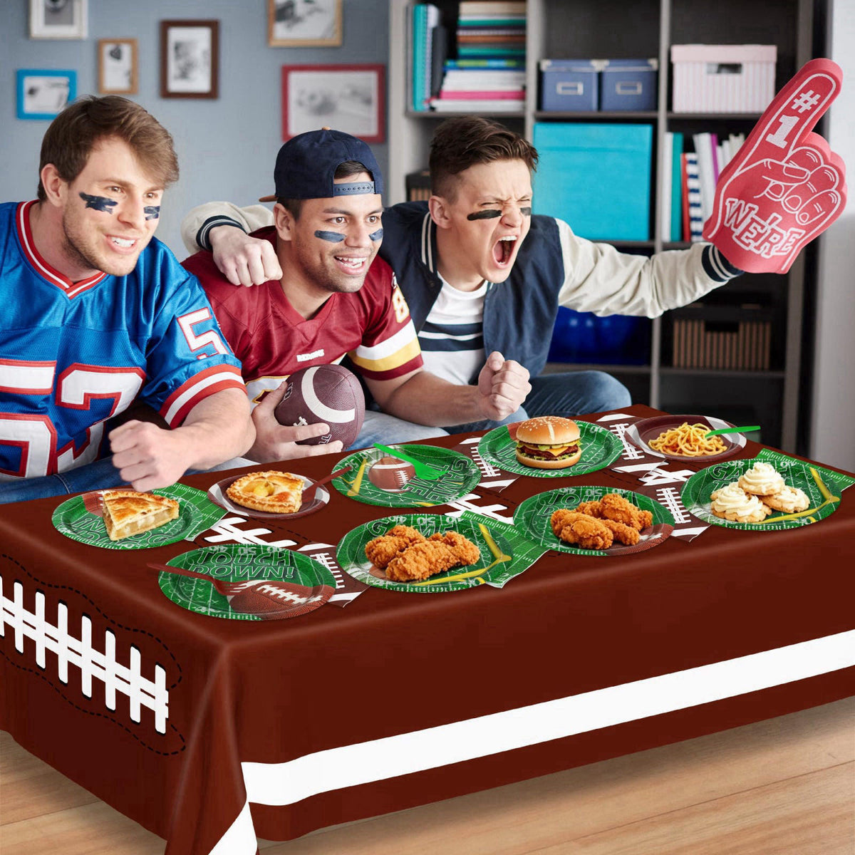 QZYL 122 Pcs Football Plates and Napkins Serves 30 Guests Football Table Cloth – back view and specifications