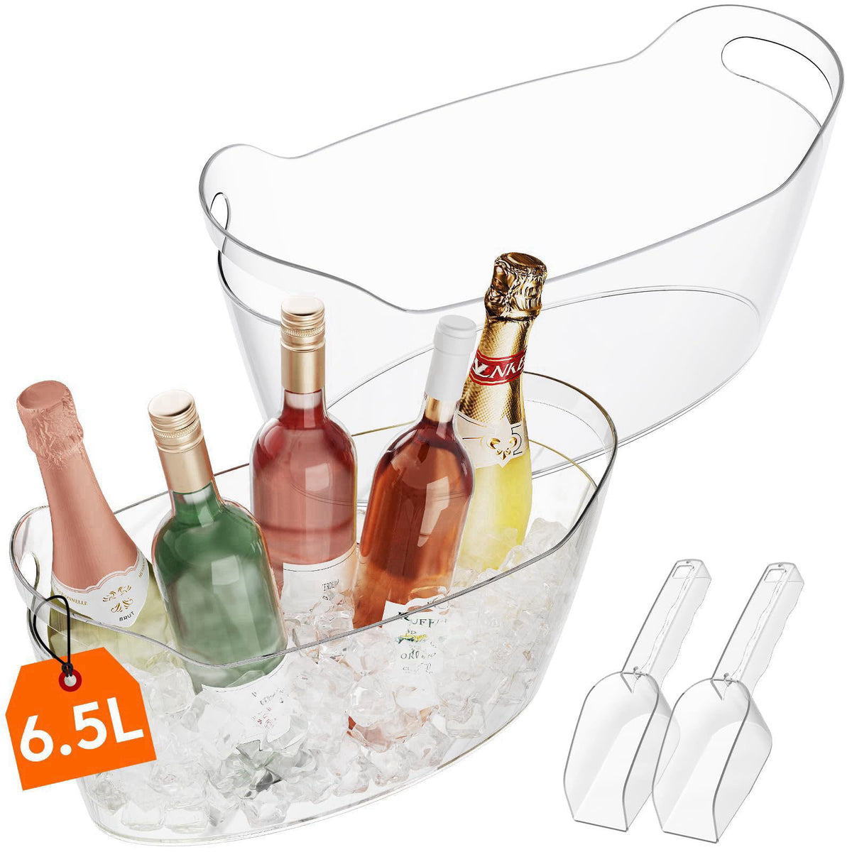 Lifewit 6.5L Plastic Ice Bucket for Parties with Handle & Scoop, 2 Pcs – Transparent, Thickened PET Food-grade PET Food-