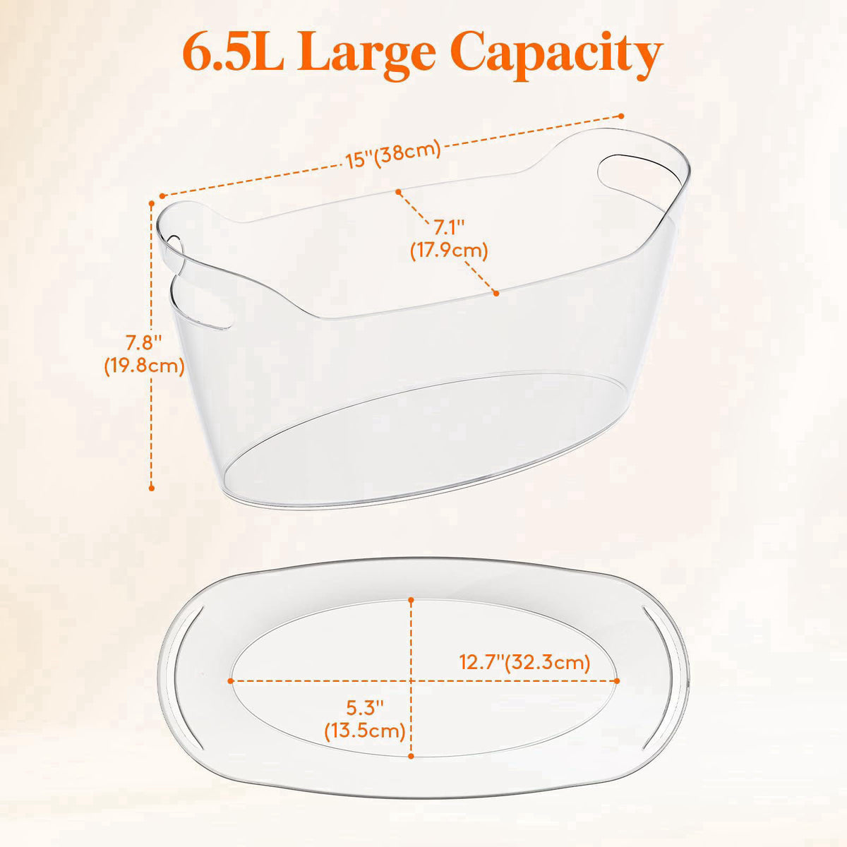 Lifewit 6.5L Plastic Ice Bucket for Parties with Handle & Scoop, 2 Pcs – close-up detail in Transparent