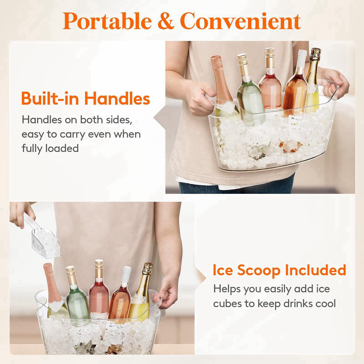 Lifewit 6.5L Plastic Ice Bucket for Parties with Handle & Scoop, 2 Pcs – back view and specifications