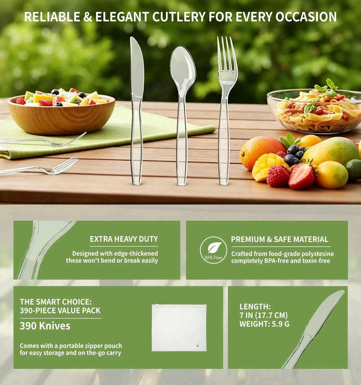 Voatree 390 Count Extra Heavy Duty Clear Plastic Knives Disposable – packaging and label