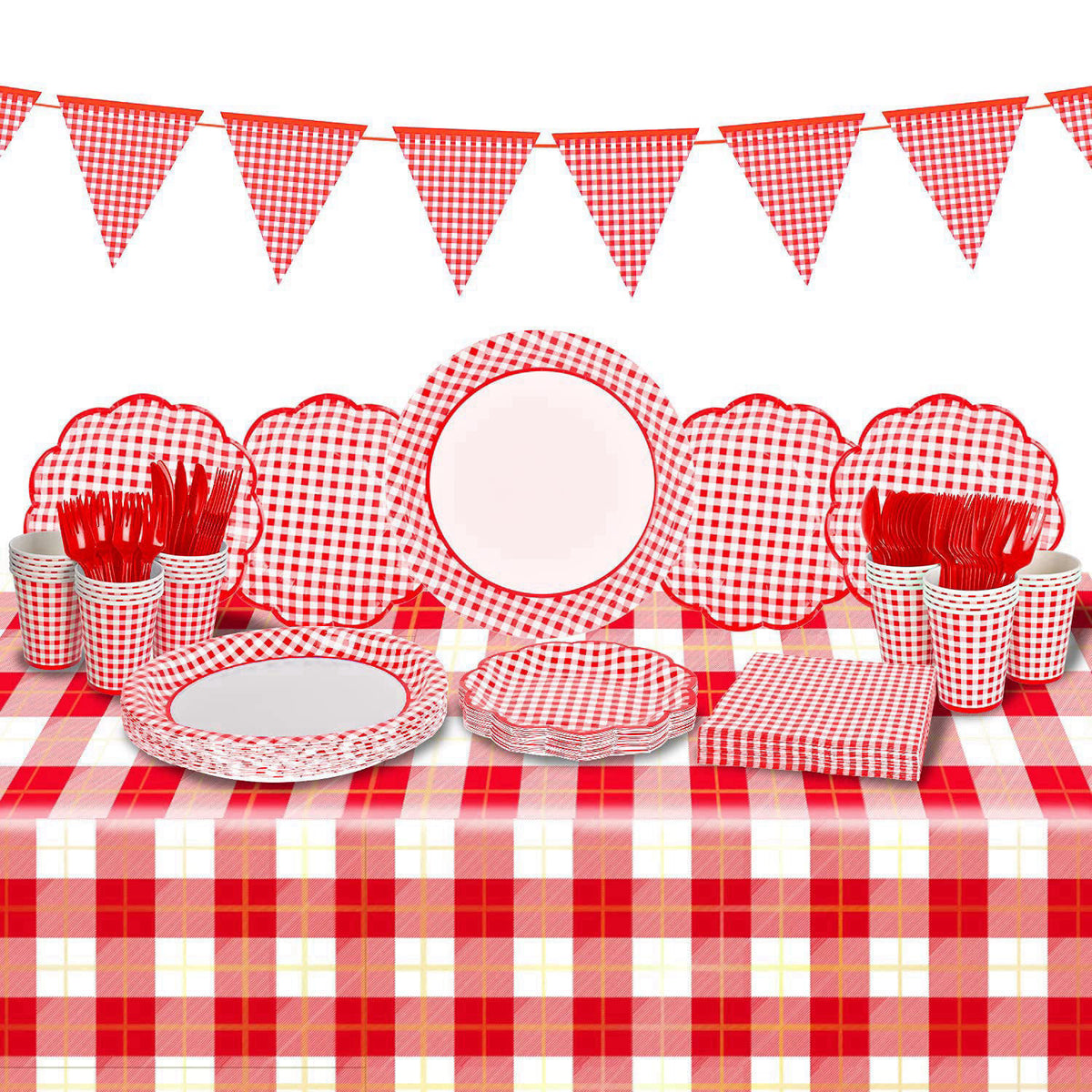 Gatherfun Gingham Red and White Party Supplies Disposable Paper Plates Napkins Cups Knives Spoons Forks Tablecloth Banne