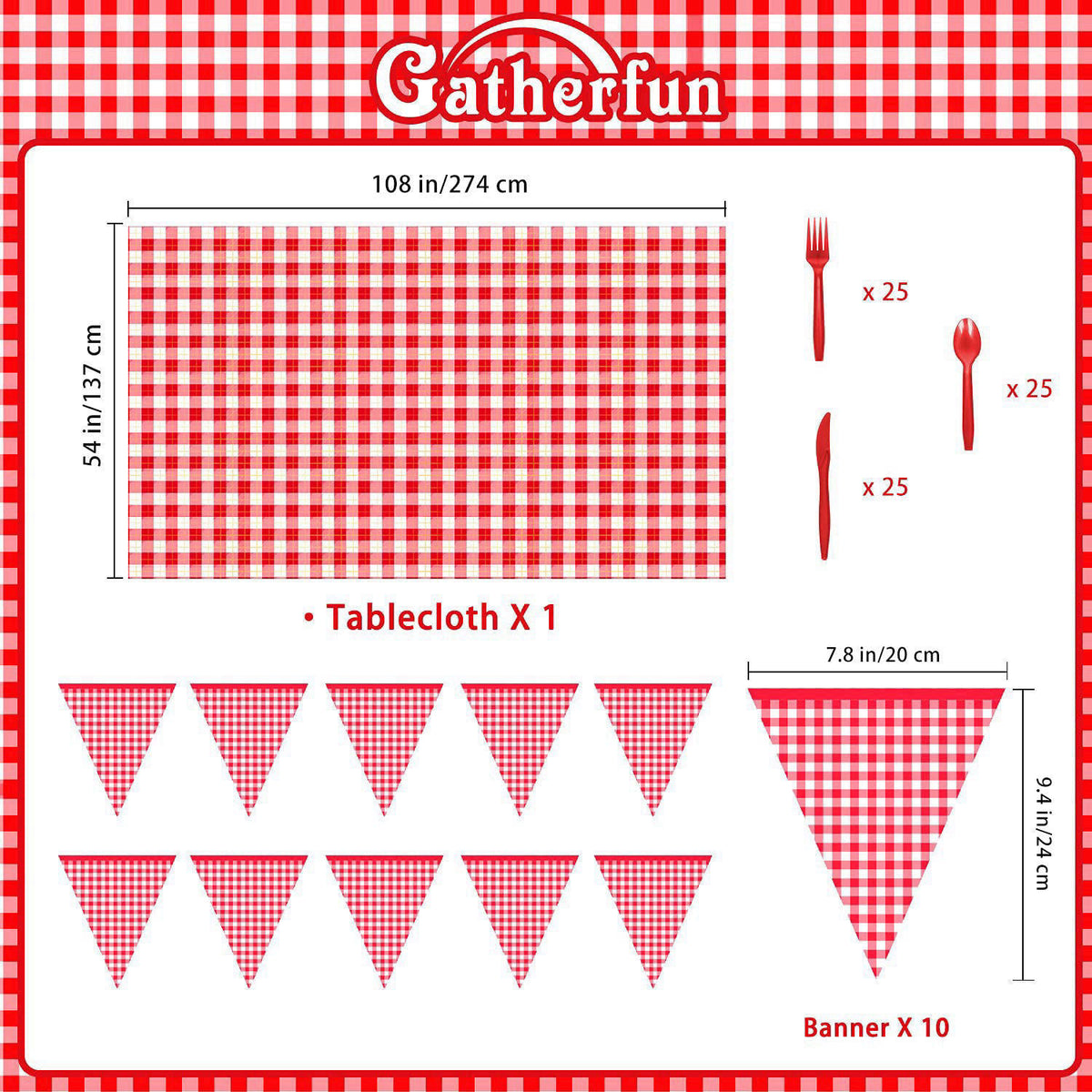 Gatherfun Gingham Red and White Party Supplies Disposable Paper Plates Napkins Cups Knives Spoons Forks Tablecloth Banne