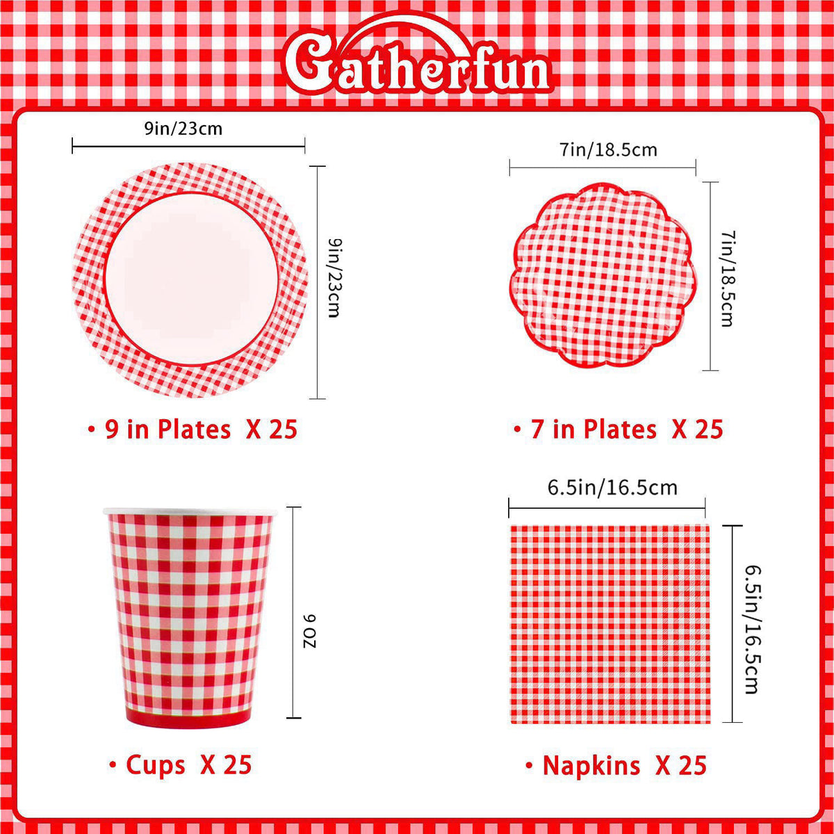 Gatherfun Gingham Red and White Party Supplies Disposable Paper Plates Napkins Cups Knives Spoons Forks Tablecloth Banne