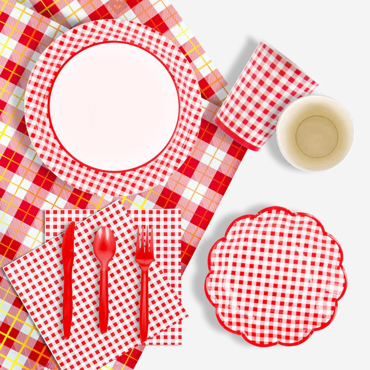 Gatherfun Gingham Red and White Party Supplies Disposable Paper Plates Napkins Cups Knives Spoons Forks Tablecloth Banne