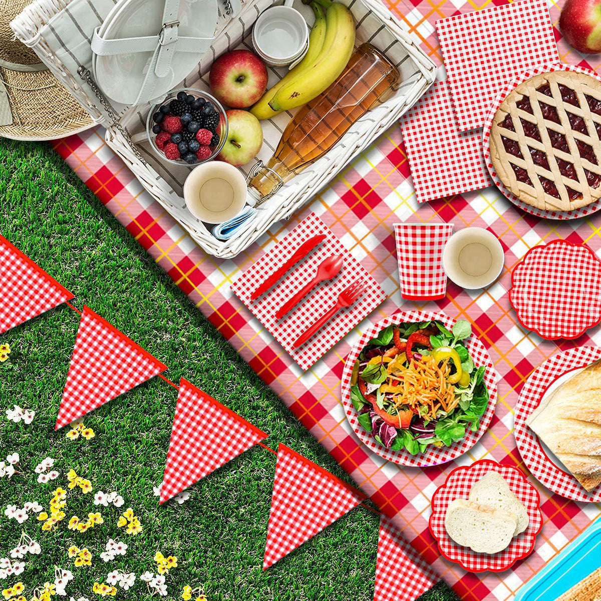 Gatherfun Gingham Red and White Party Supplies Disposable Paper Plates Napkins Cups Knives Spoons Forks Tablecloth Banne