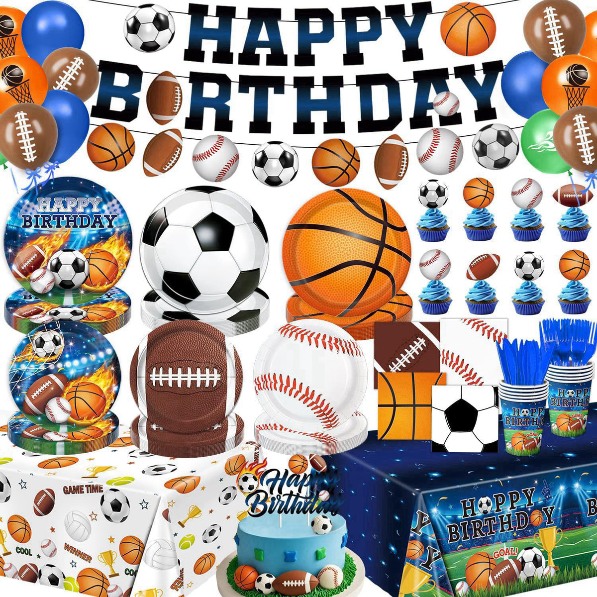 LINHAXM 191 PCS Sports Birthday Party Decorations Includes Plates, Napkins, Cups, Knives, Forks, Banner, Cake & Cupcake 