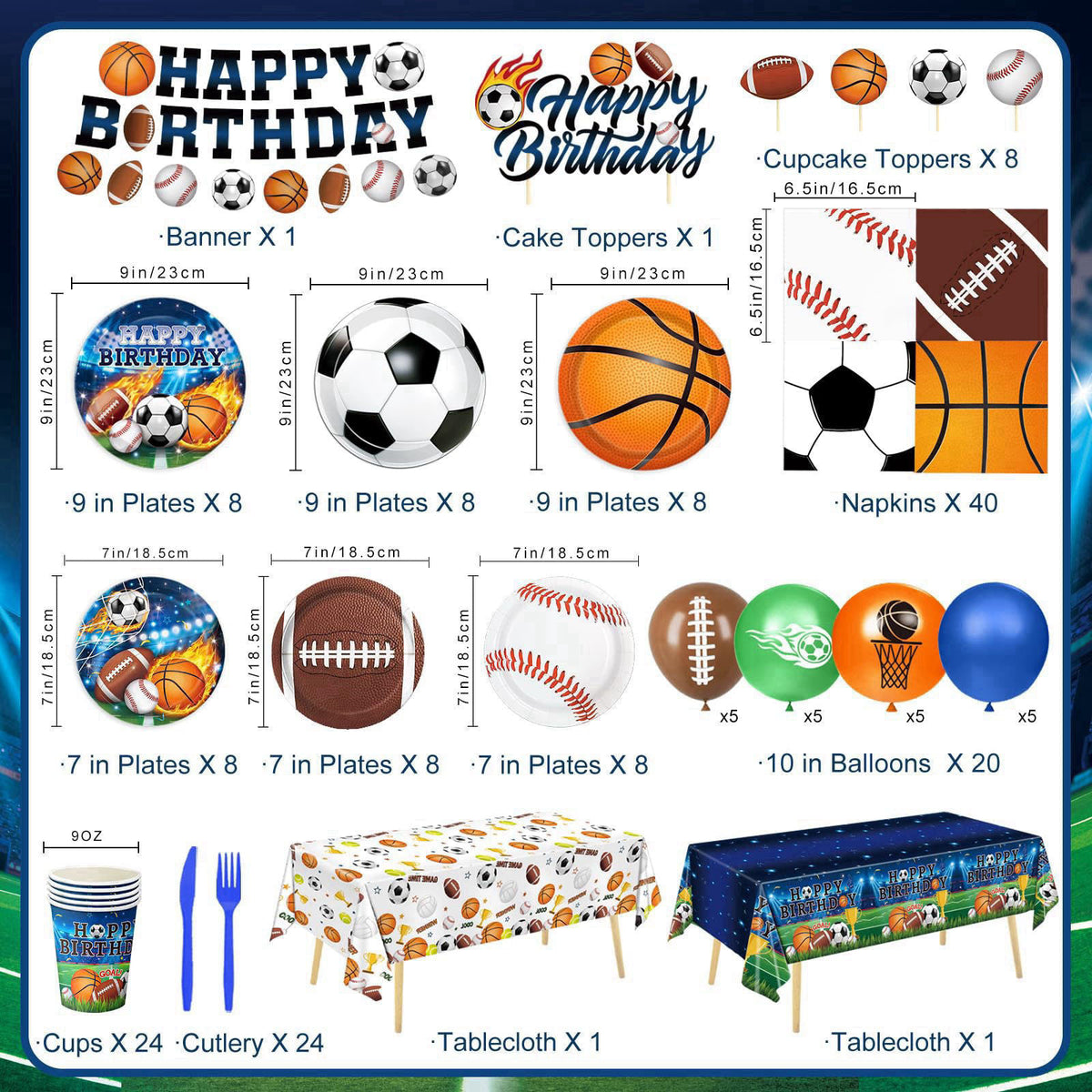 LINHAXM 191 PCS Sports Birthday Party Decorations Includes Plates, Napkins, Cups, Knives, Forks, Banner, Cake & Cupcake 