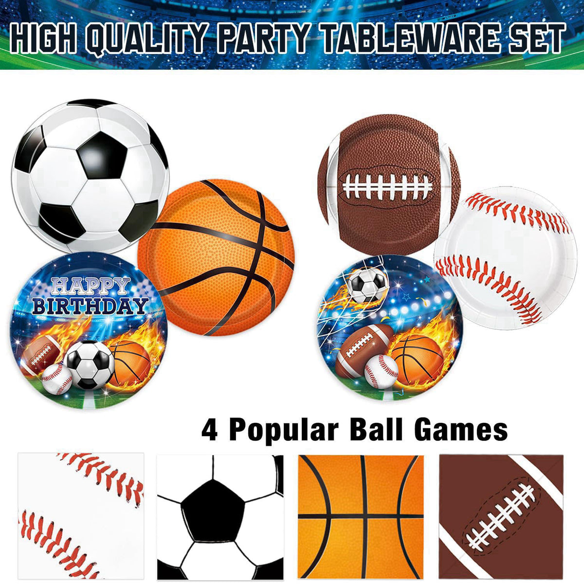 LINHAXM 191 PCS Sports Birthday Party Decorations Includes Plates, Napkins, Cups, Knives, Forks, Banner, Cake & Cupcake 