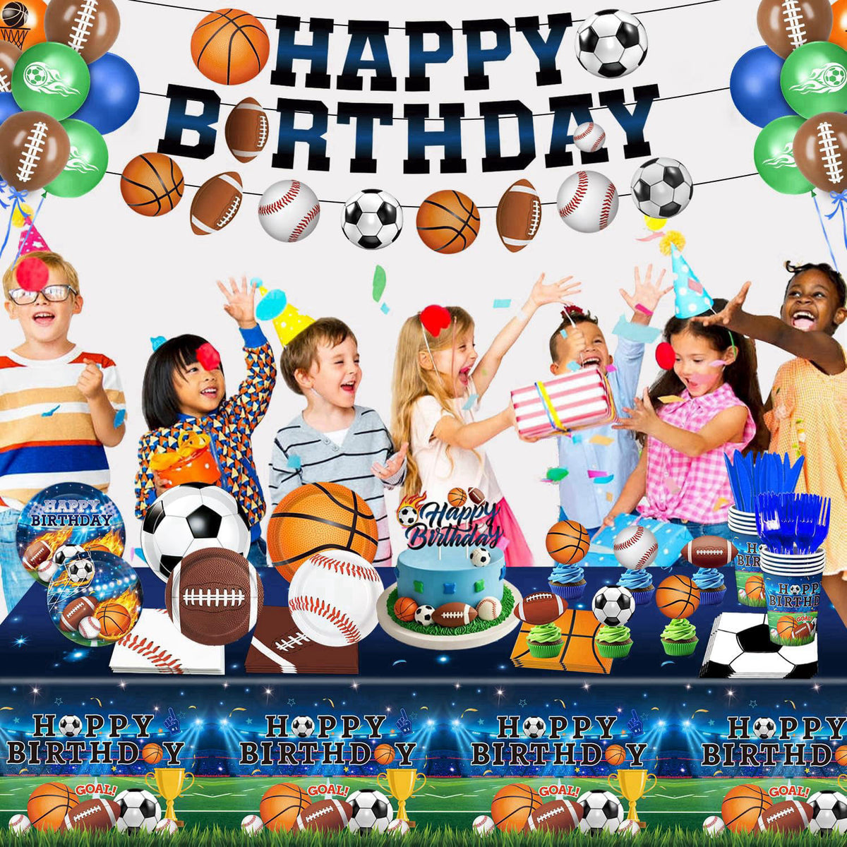LINHAXM 191 PCS Sports Birthday Party Decorations Includes Plates, Napkins, Cups, Knives, Forks, Banner, Cake & Cupcake 