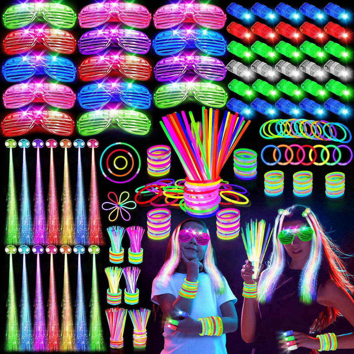 SHQDD 158 PCS Glow in the Dark Party Supplies, Halloween Party Favors 14PCS LED Glasses, 30LED Finger Lights,14LED Light