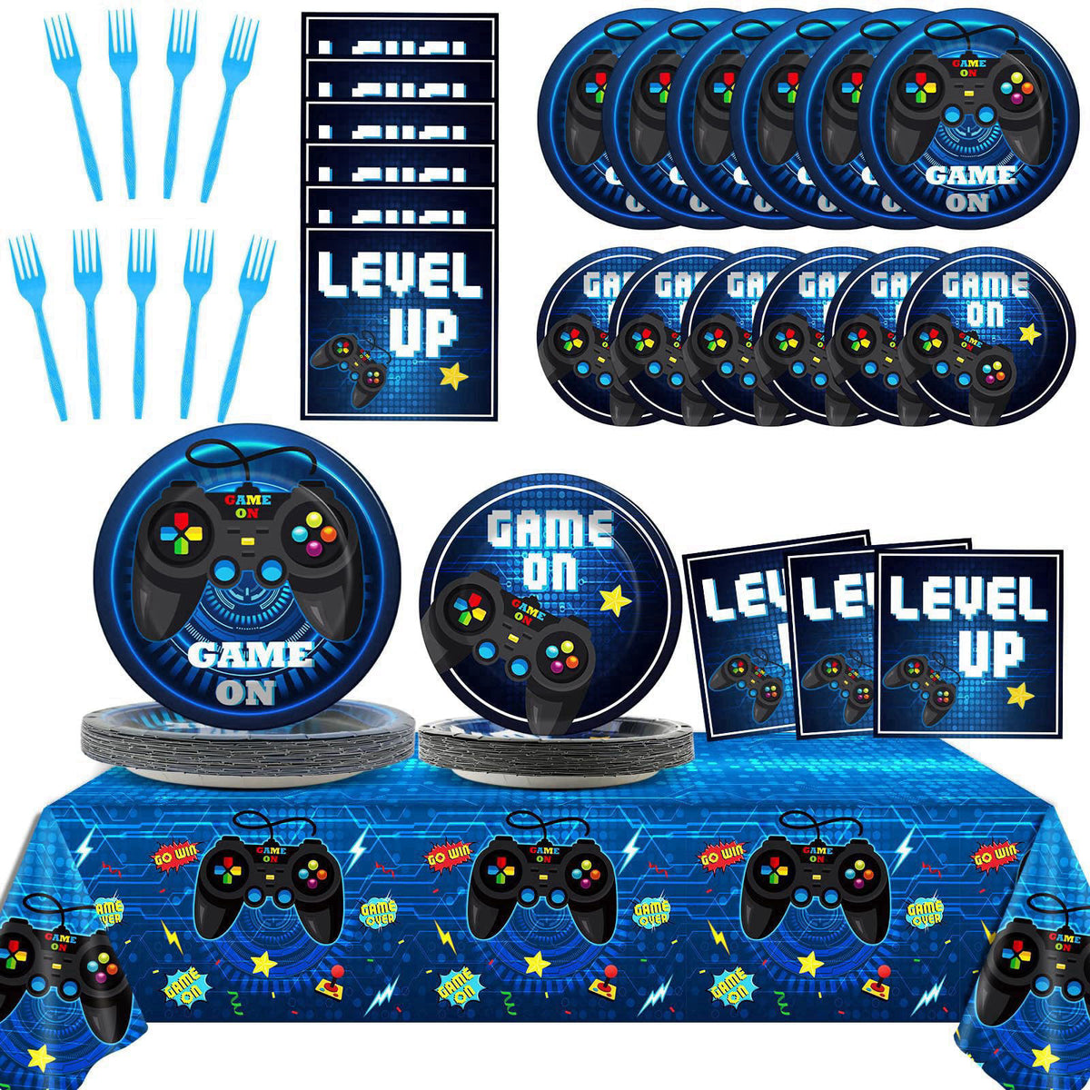 gisgfim Video Game Party Supplies Tableware Set for 24 Guests Gaming Party Birthday Plates Blue Gamer Party Decorations 