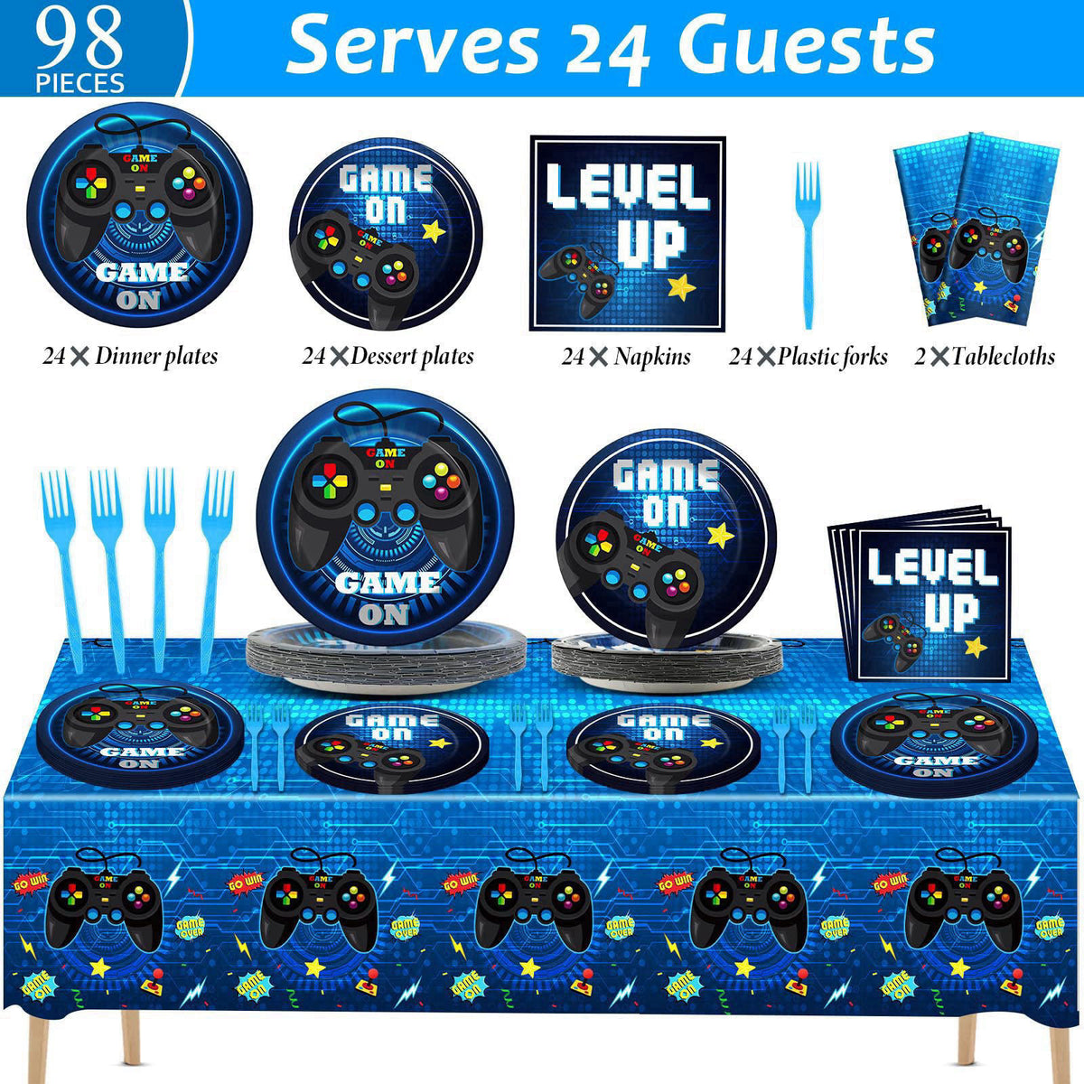 gisgfim Video Game Party Supplies Tableware Set for 24 Guests Gaming Party Birthday Plates Blue Gamer Party Decorations 