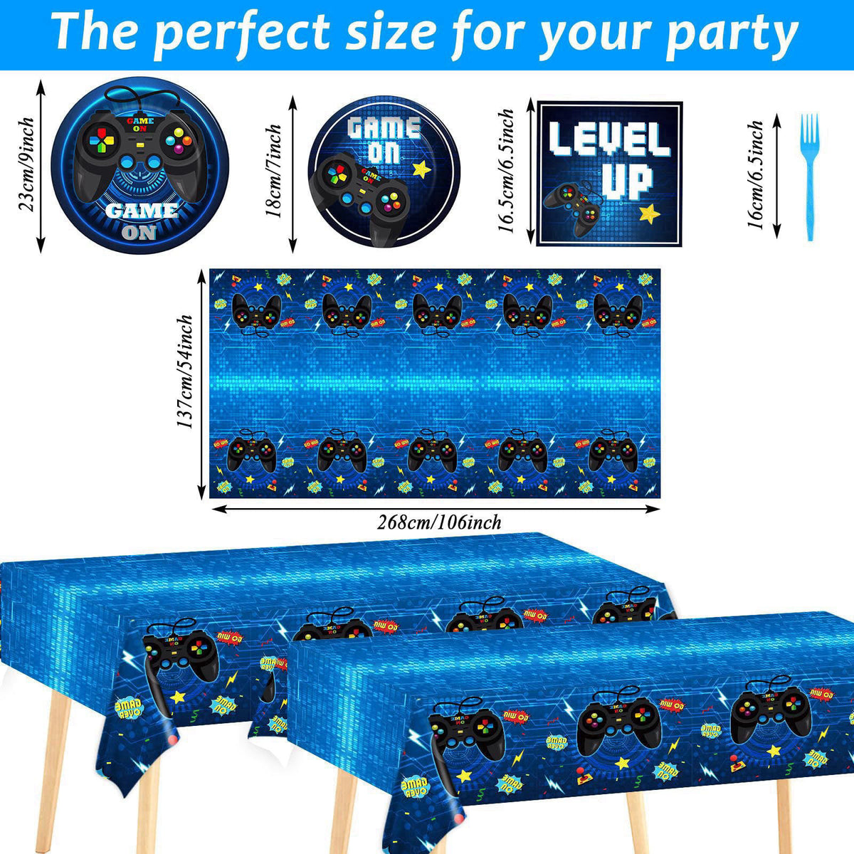 gisgfim Video Game Party Supplies Tableware Set for 24 Guests Gaming Party Birthday Plates Blue Gamer Party Decorations 