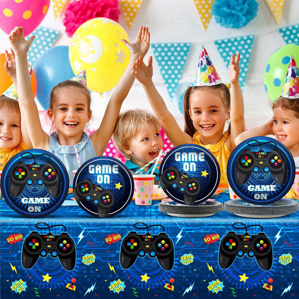 gisgfim Video Game Party Supplies Tableware Set for 24 Guests Gaming Party Birthday Plates Blue Gamer Party Decorations 