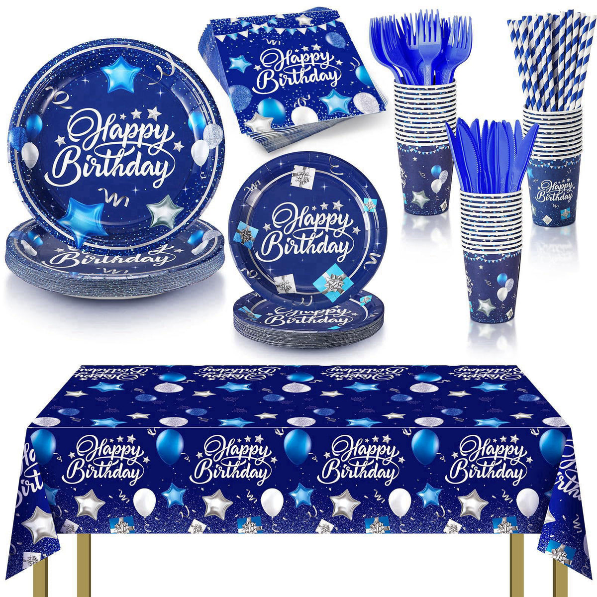 Norme 176 Pcs Navy Blue and Silver Birthday Tableware Set for 25 Guests