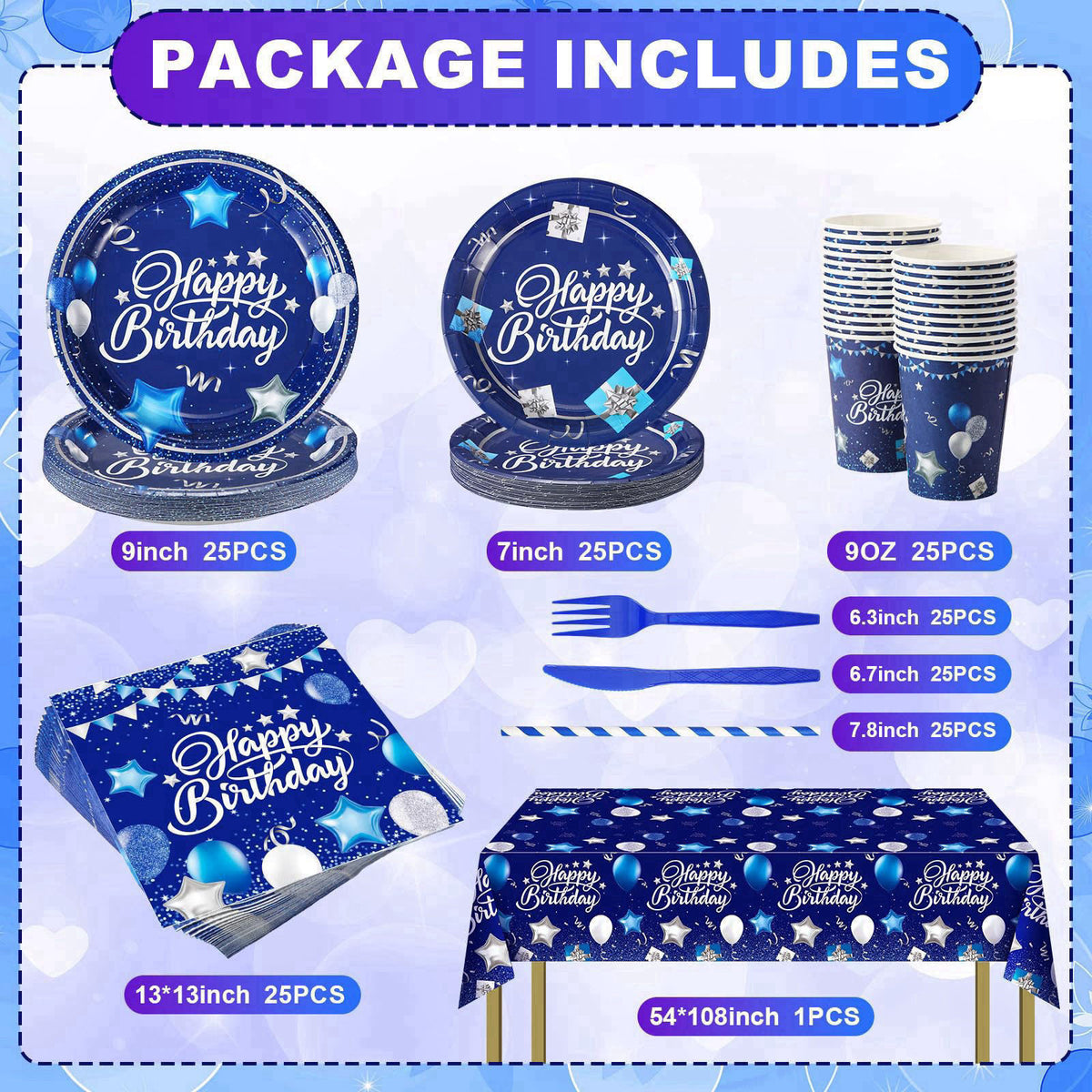 Norme 176 Pcs Navy Blue and Silver Birthday Tableware Set for 25 Guests – close-up detail