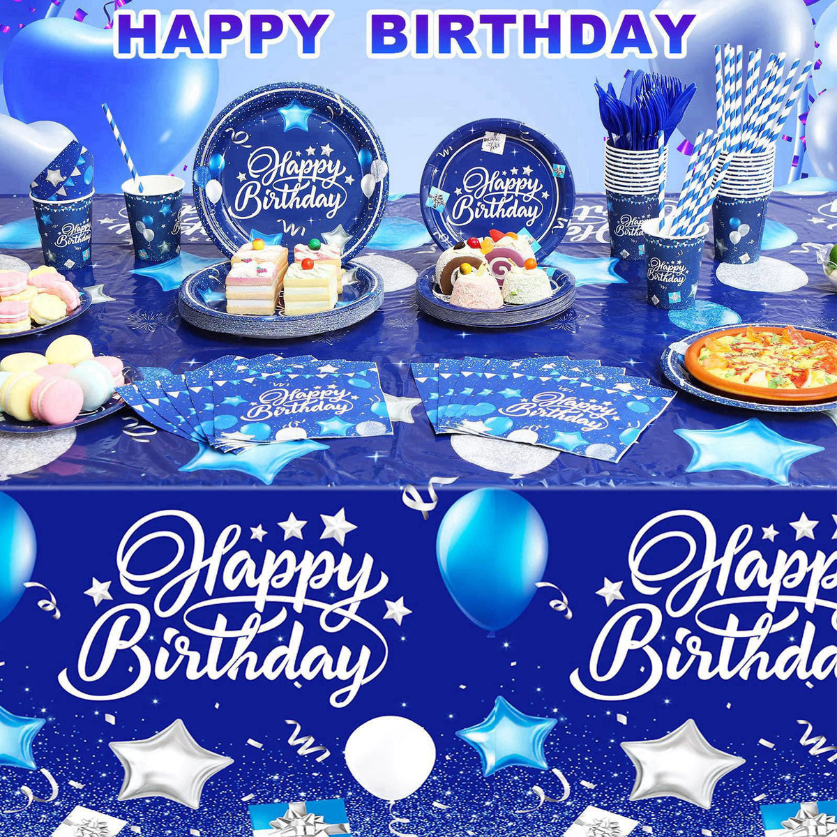 Norme 176 Pcs Navy Blue and Silver Birthday Tableware Set for 25 Guests – full view