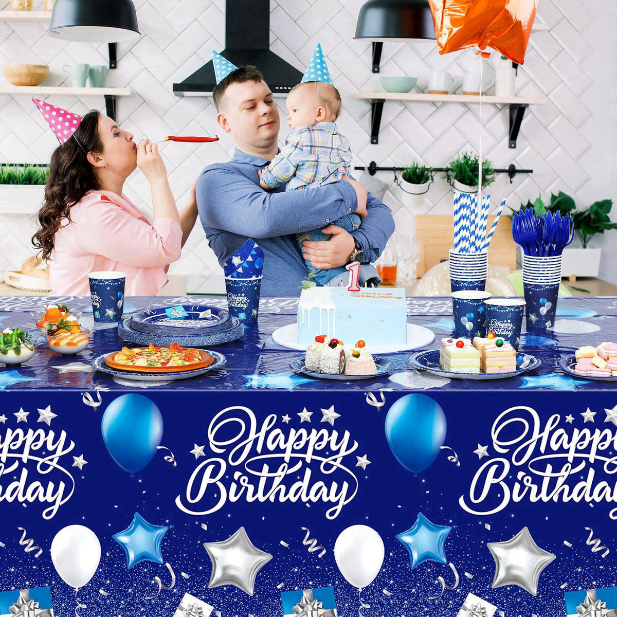 Norme 176 Pcs Navy Blue and Silver Birthday Tableware Set for 25 Guests – back view and specifications