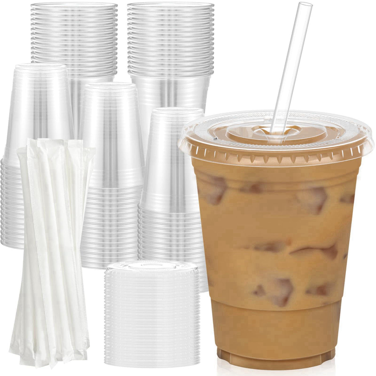 Dealusy 100 Pack - 16 oz Clear Plastic Cups with Lids and Straws – Clear, 16oz 20oz 24oz