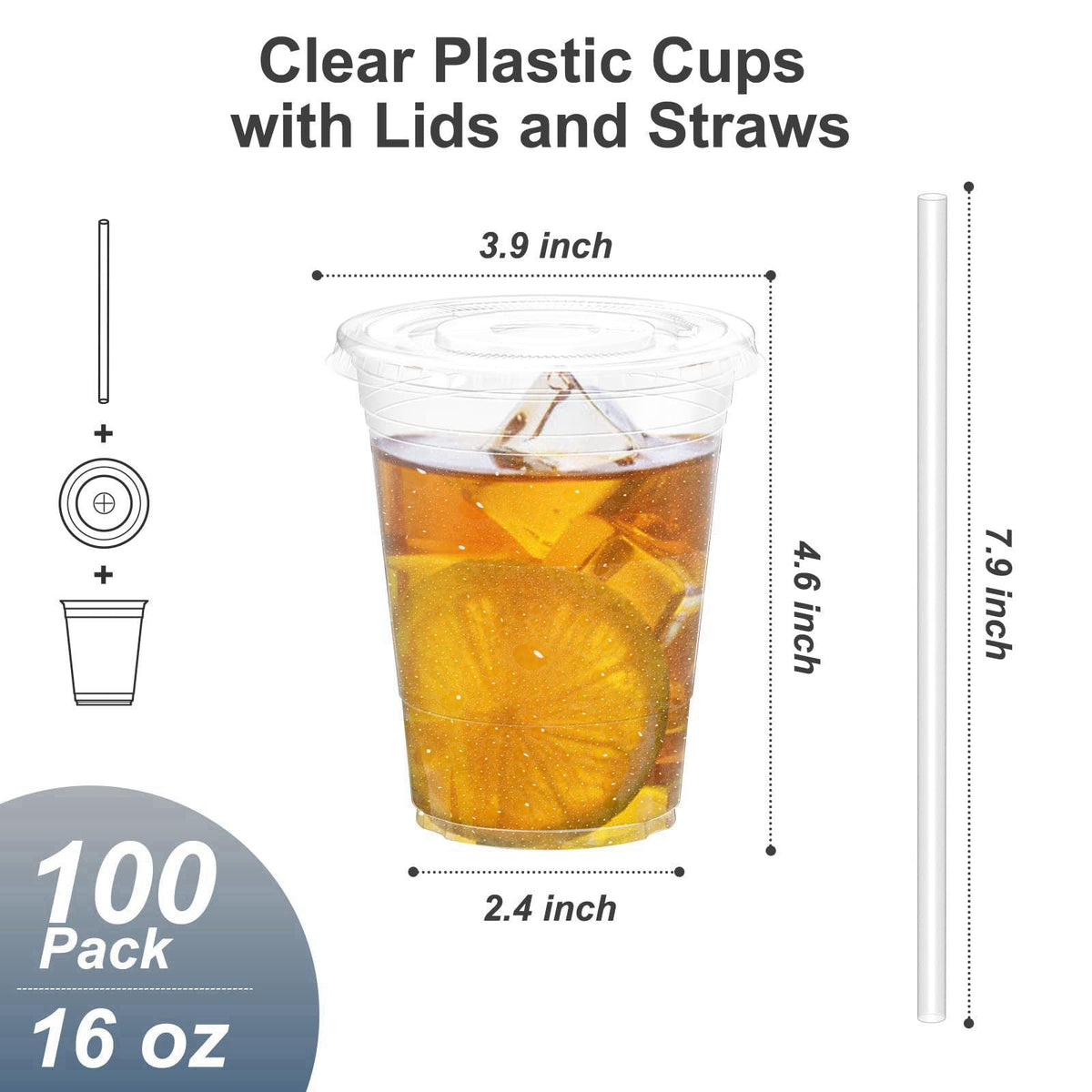 Dealusy 100 Pack - 16 oz Clear Plastic Cups with Lids and Straws – close-up detail in Clear