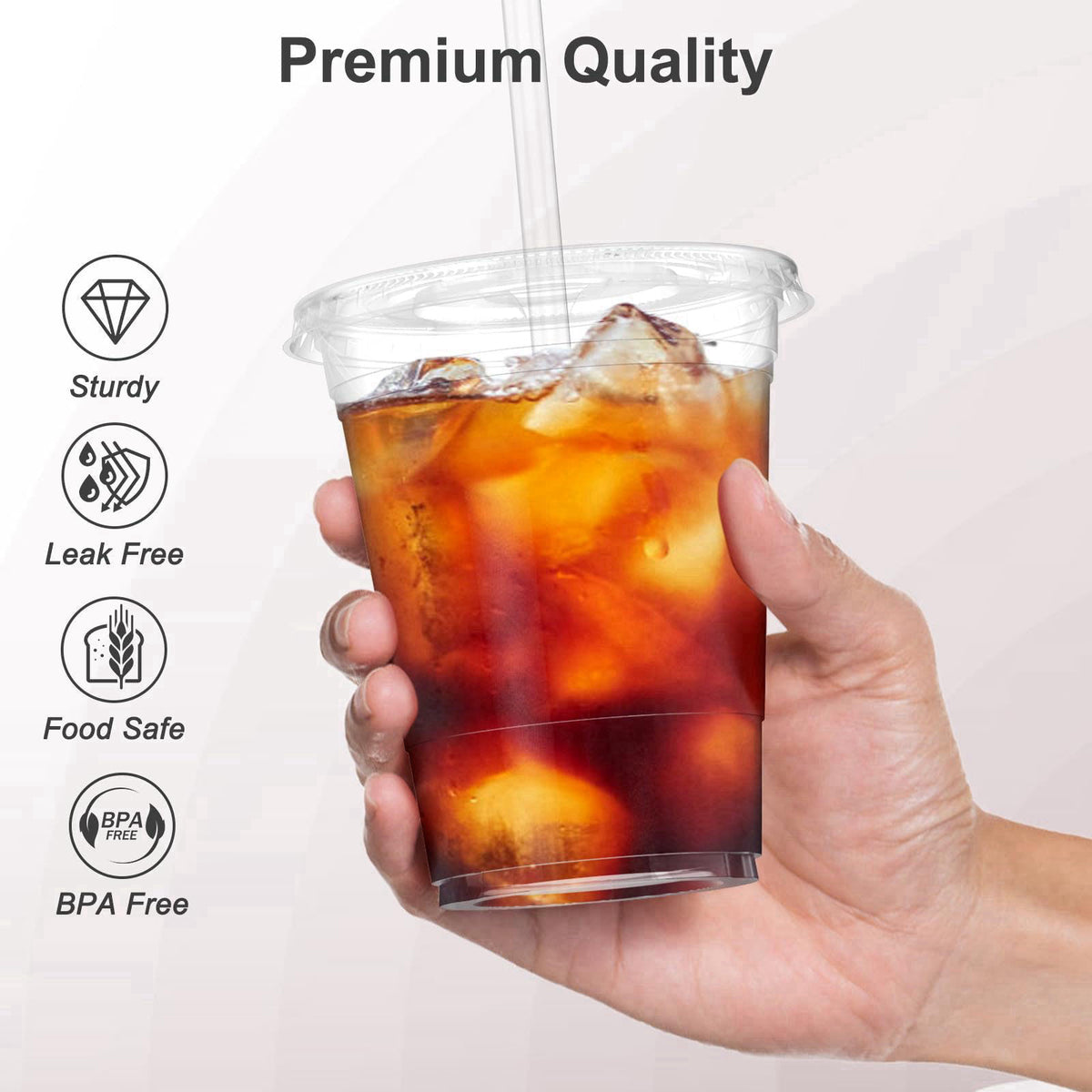 Dealusy 100 Pack - 16 oz Clear Plastic Cups with Lids and Straws – packaging and label