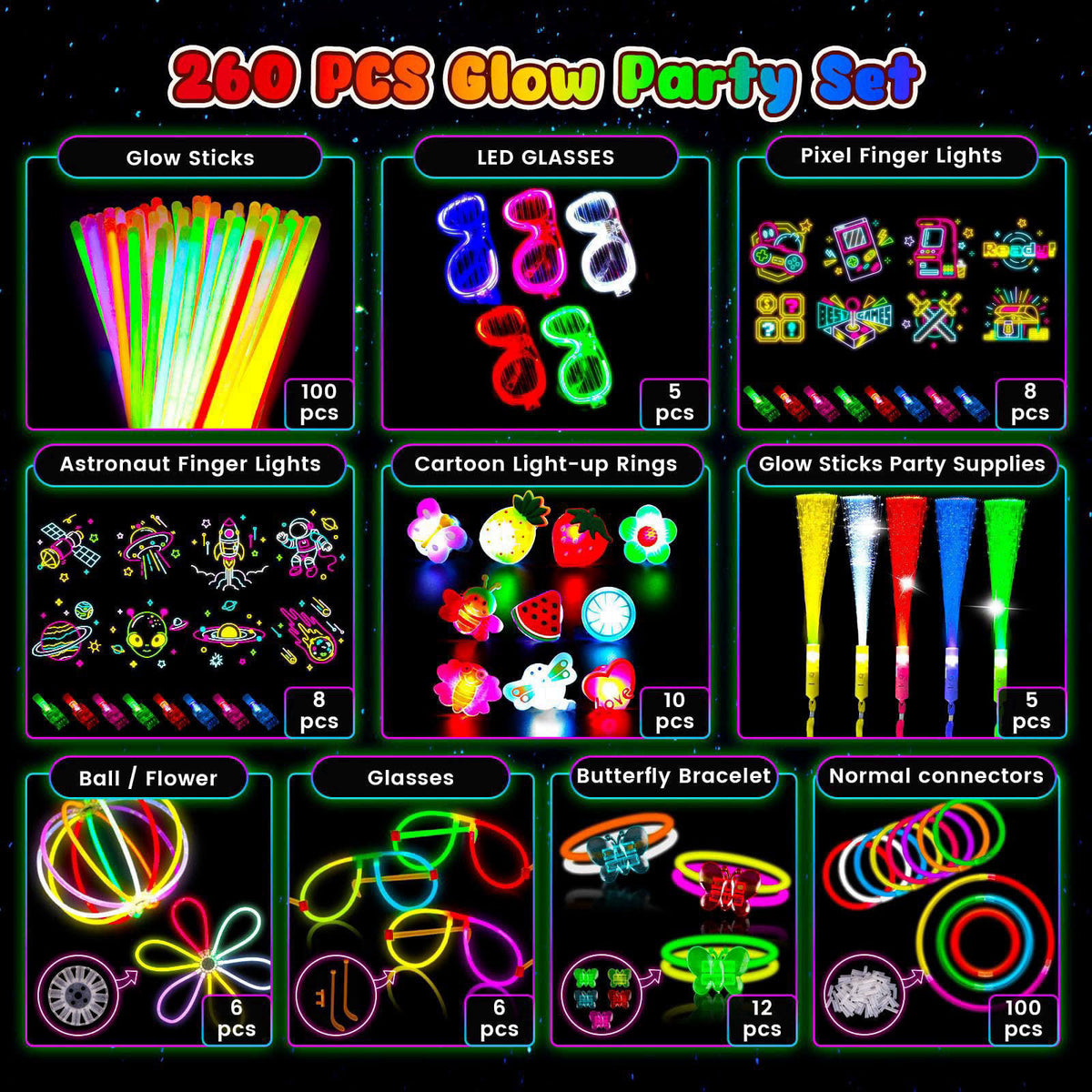 LovesTown 260PCS Glow in the Dark Party Supplies Neon Accessories for Party – back view and specifications