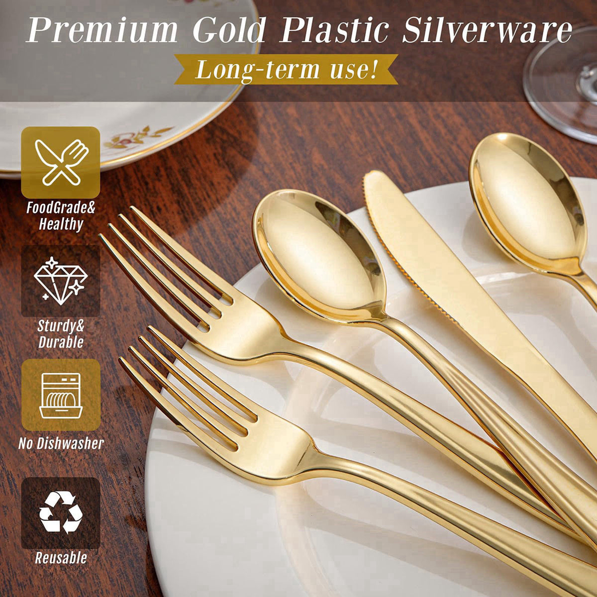 WDF300 Pieces Gold Plastic Silverware - Heavy Duty Disposable Cutlery Set Plastic Gold Silverware Set Includes 100 Forks