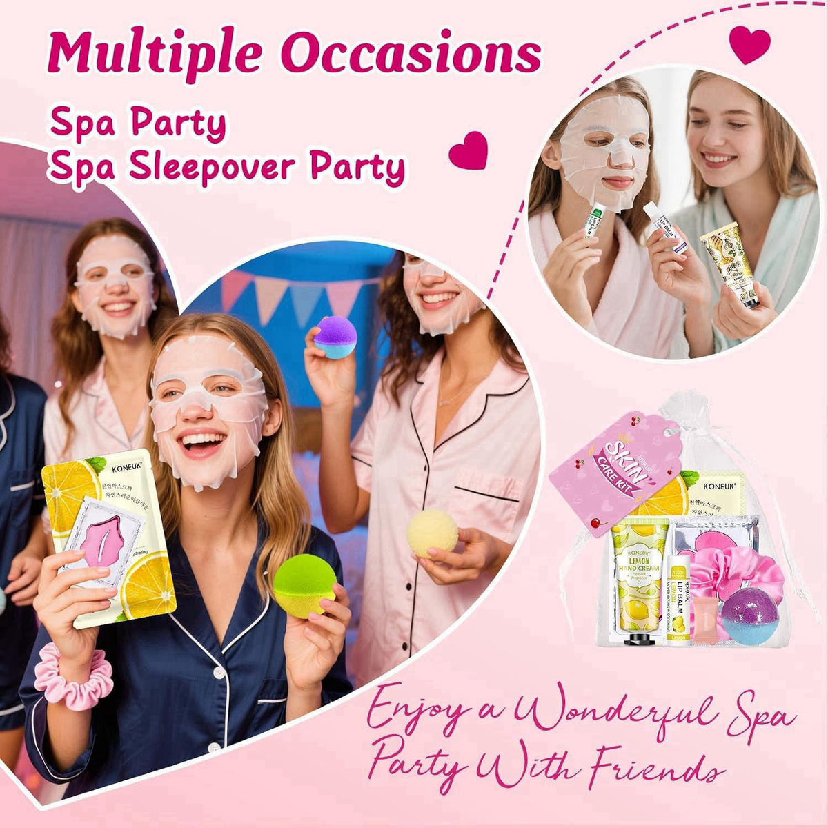 KONEUK 60PCS Spa Party Supplies for Girls, Sleepover Party Supplies for Women – packaging and label