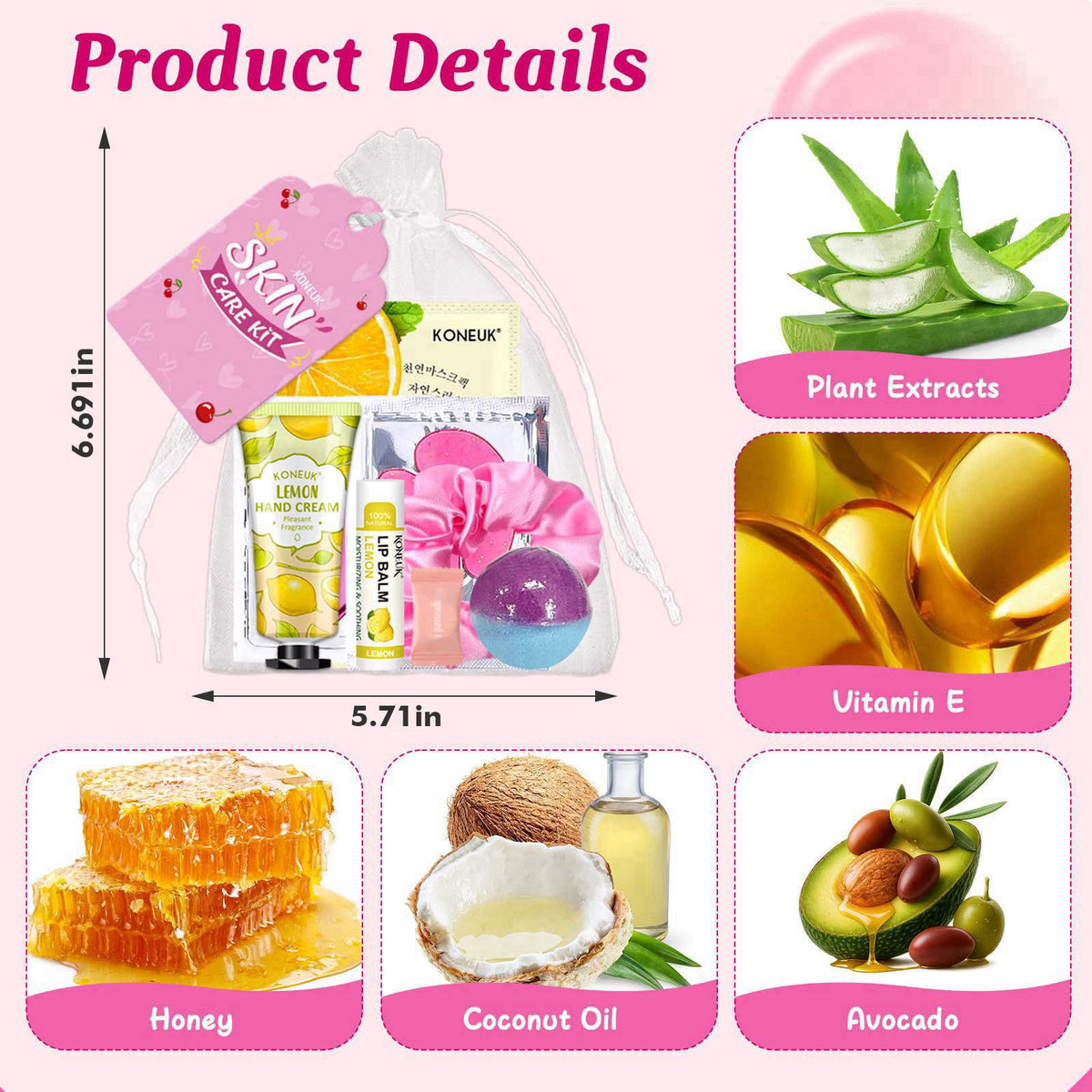 KONEUK 60PCS Spa Party Supplies for Girls, Sleepover Party Supplies for Women – back view and specifications