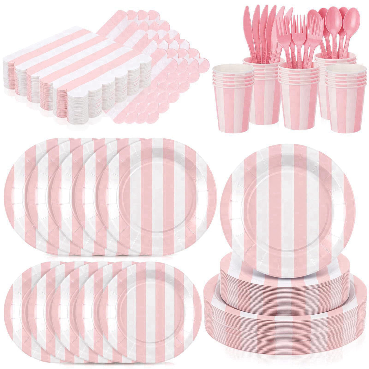 Mimorou 350 Pcs Pink White Striped Party Tableware for 50 – product photo (Plates)