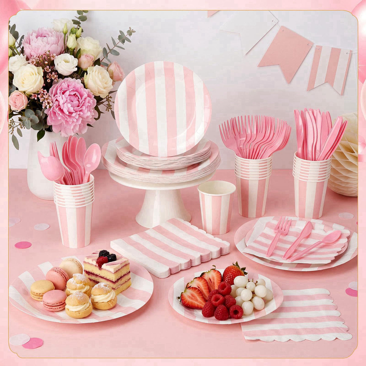 Mimorou 350 Pcs Pink White Striped Party Tableware for 50 – close-up detail