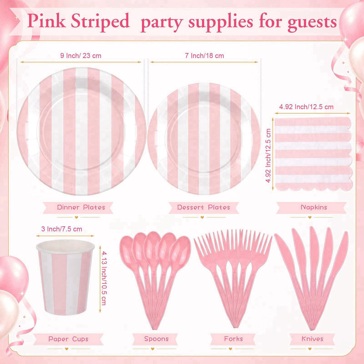 Mimorou 350 Pcs Pink White Striped Party Tableware for 50 – packaging and label