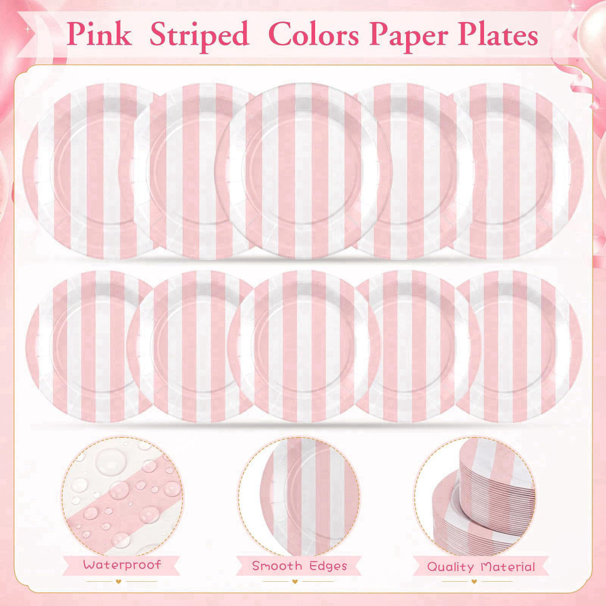 Mimorou 350 Pcs Pink White Striped Party Tableware for 50 – full view