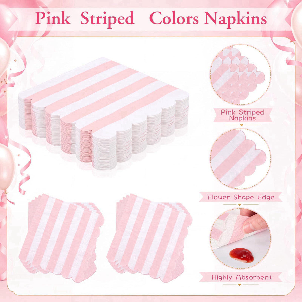 Mimorou 350 Pcs Pink White Striped Party Tableware for 50 – back view and specifications
