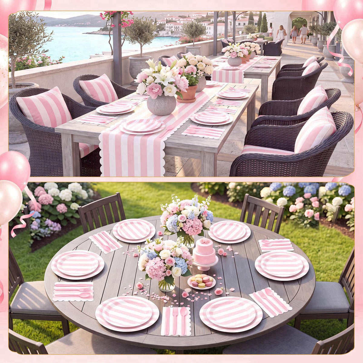 Mimorou 350 Pcs Pink White Striped Party Tableware for 50 – alternate angle